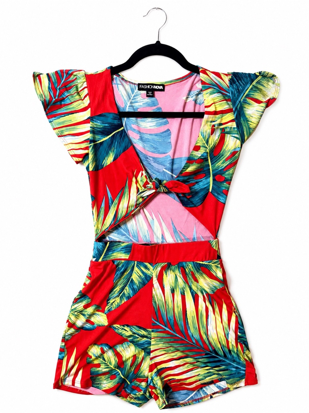 NWOT Fashion Nova Waist No Time Tropical Romper Red Palm Cutout Tie Front XS